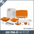65PCS Porcelain Square Dinner Set With Orange Polka Dots Design